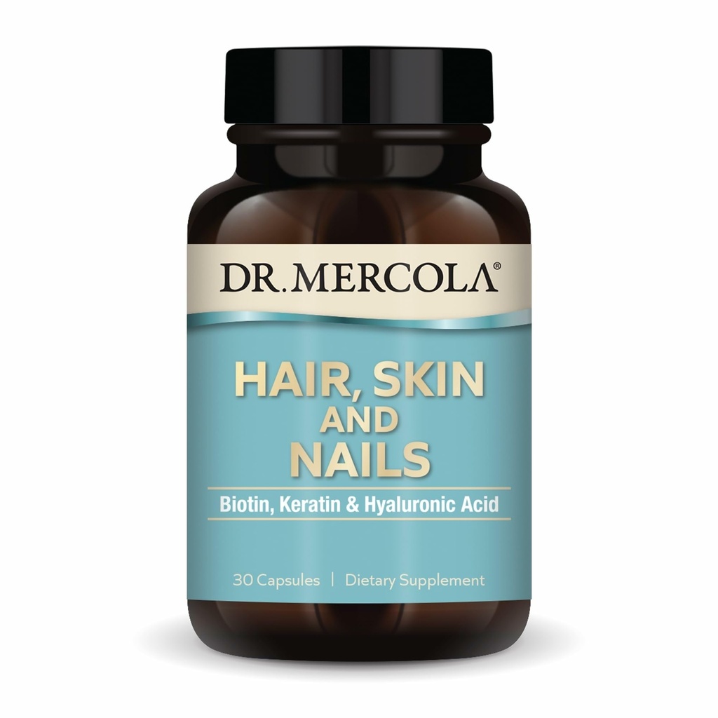 Dr. Mercola Hair, Skin dan Nails - Menyediakan Biotin, Kertin & Hayaluronic Acid - Premium Quality - Pasokan Penuaan Kesehatan - Non-GMO, Gluten- Free & Soy- 30 Capsules (30 Pelayan)