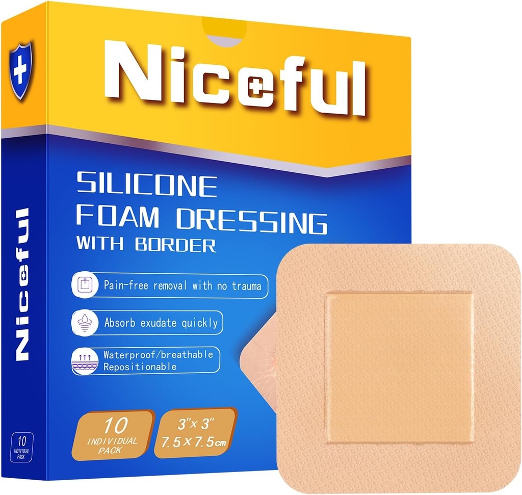 Silicone Foam Dressing 3x3 in (7.5x7.5cm), High Absorbency Bed Slages Wound Dressing, Waterproof Silicone Bandages for Sensitive Wund Care (10 Pcs)