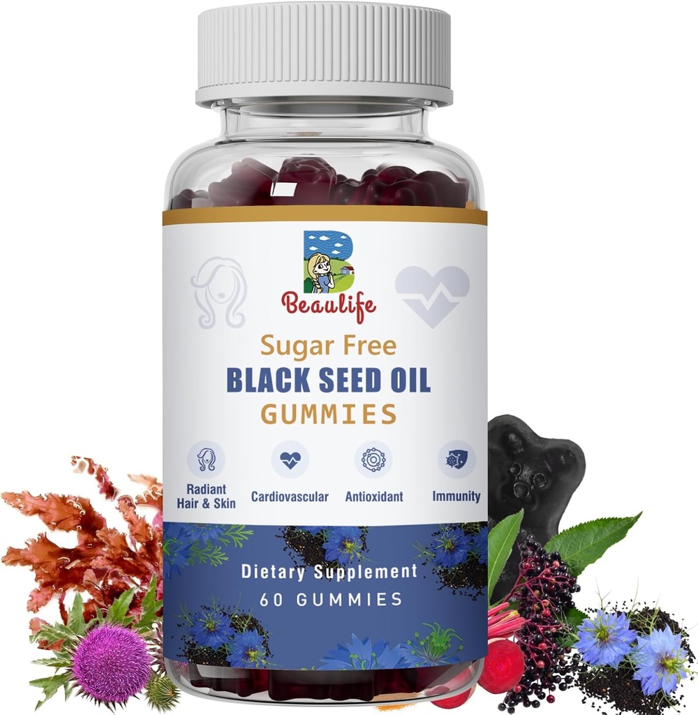 Gumi Minyak Benih Hitam, Minyak Benih Hitam, Es Laut, Ashwagandha, Elderberry, Turmeric, Vitamin C, D, zinc, Beet Root Powder, Dukung Sistem Imune, Kesehatan Kardiovaskular, Rambut Radiant & Skin