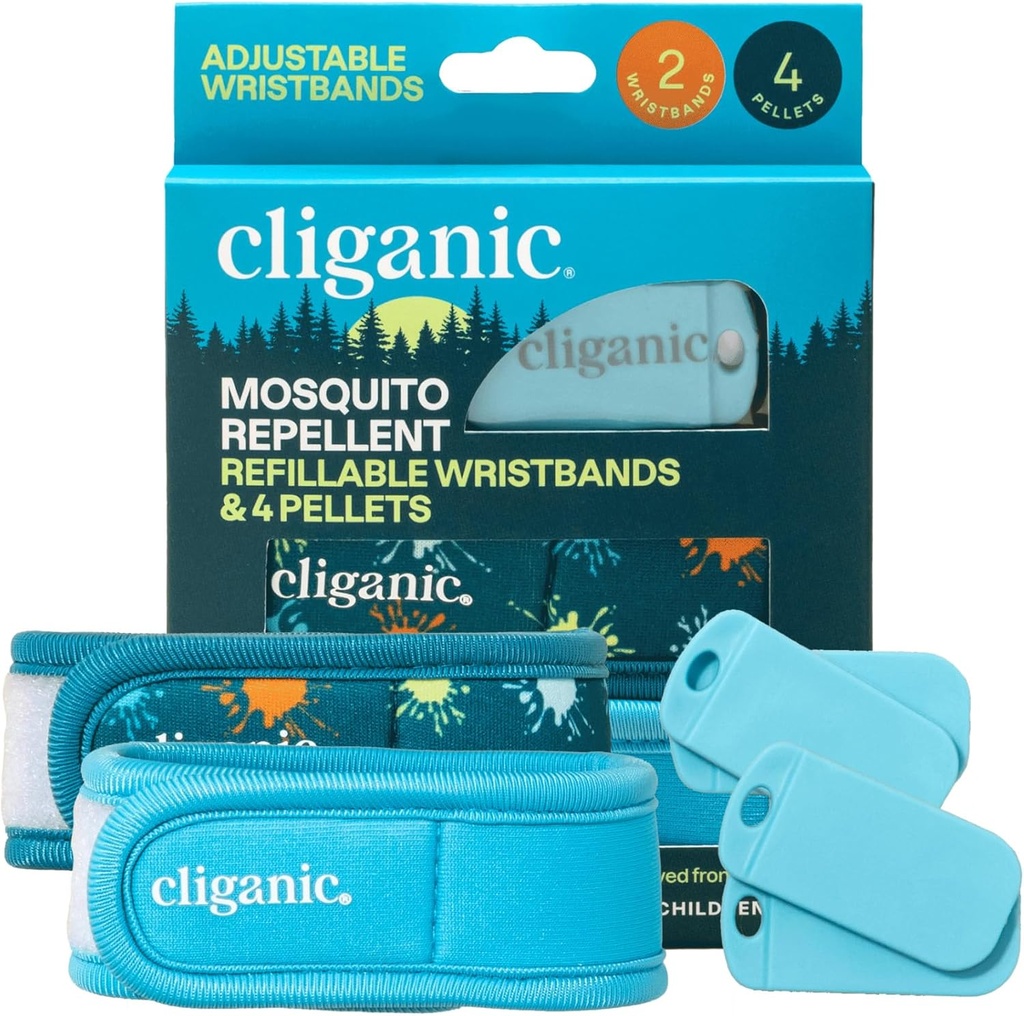 Cliganic Mosquito Repellent Pack (2 Wristrops + 4 Isi Pellets) - Adjustable, Natural DEET-Free, Esculity Oil Infused