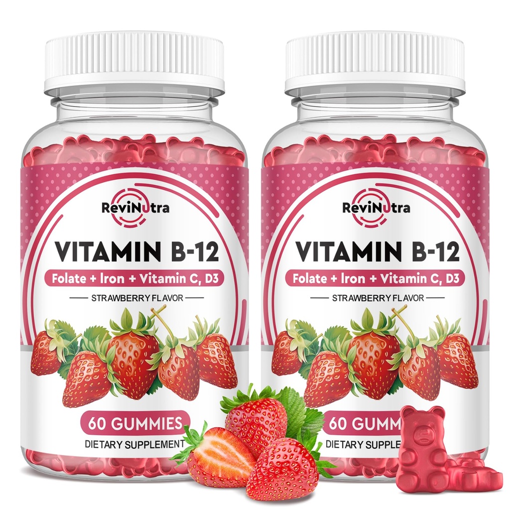 Vitamin B12 Complex Gummies - 5000 mcg Methylcobalamin dengan Besi, Vitamin C, D3 & Folate, Dukungan Energi & Metabolisme, Imune, B12 Schewable Supplemen untuk Pria & Women, Strawberry Flavor, 2 Pack