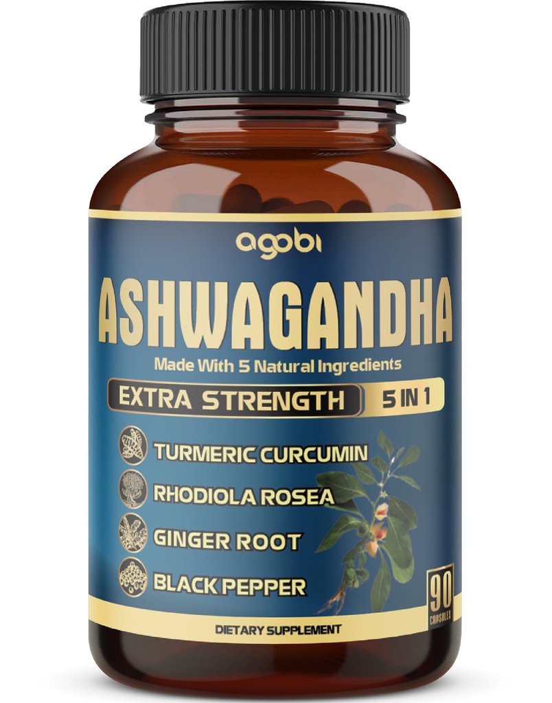 Ashwagandha Extract Capsule - Kekuatan Besar - 5in1 Blended Ginger, Turmeric, Rhodiola Rosea & Black Pepper - 90 Capsules untuk 3 Bulan - Kekuatan, Roh & Imune Dukungan