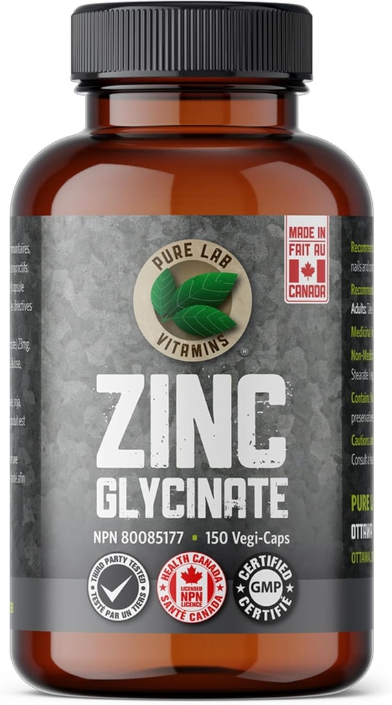Zinc Glycinate 23 mg Supplement - 150 Vegan Caps oleh Ture Lab Vitamin - Amino Acid Salt untuk Heally Skin & Nails - Supports The Immune System, Prostate, Vision - Made in Canada
