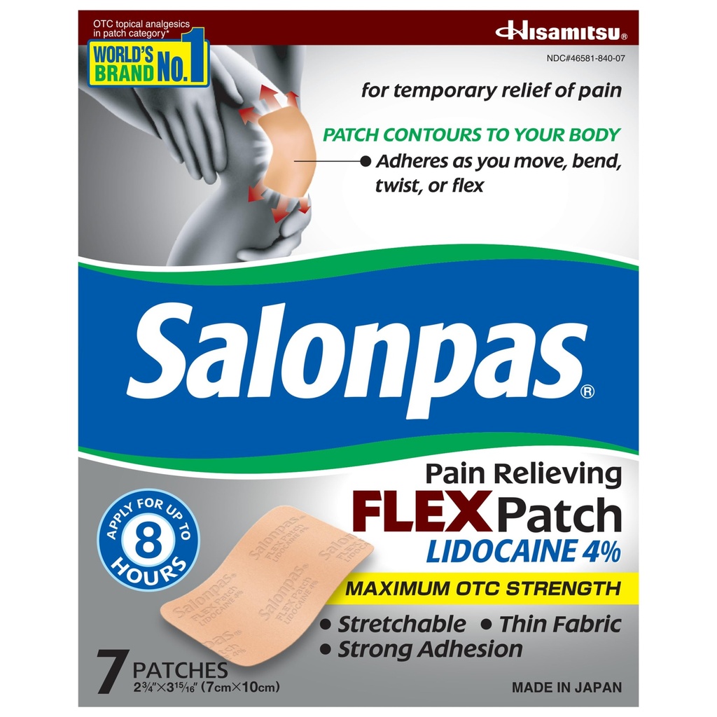 Salonpas Maksimum OTC Kekuatan Lidokain 4% Pain Relieving FLEX Patch, Terapkan untuk Up To 8 Hours, Unscented, Thin, Flexiable, Lighweight, Patch Stays in Place, 7 Patch