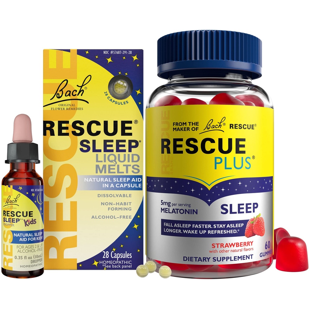 RESCUE Nighttime Aid Bundle, 3Pk - Bach Sleep Kid Dropper, 10mL Sleid Liquid Melts, 28Ct Plus Sleep Gummies dengan 5mg Melonain / dosis, 60Ct
