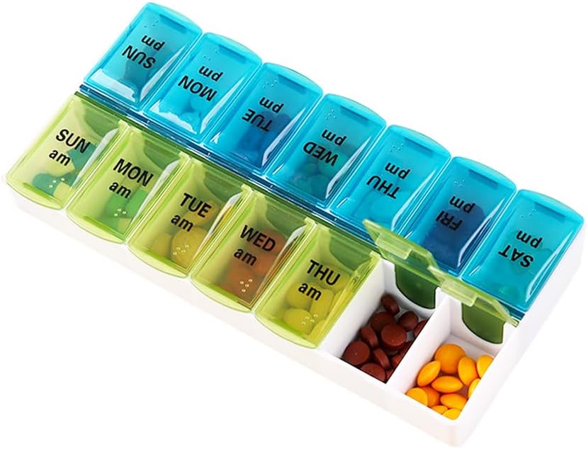 Weekly Pill Organizer Dispenser, 2 kali sehari, One- Side Open Pill Box 7 Day Medicine Planner for Easy Filling, AM PM Pil Kasus untuk Vitamin, Medication, Suplemen, Fish Oils, Blue + Green