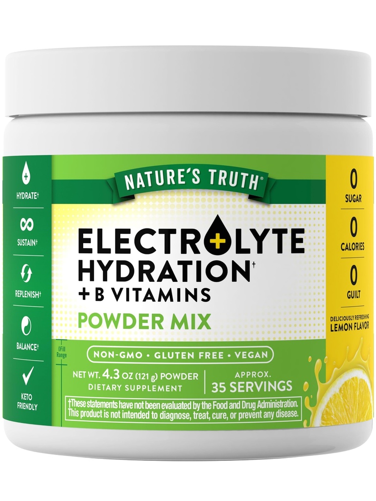 Nature 's Truth Electrolytes Powder 124; No Sugar 124; with B Vitamin 14; Refreshing Lemon Flavor 124; Vegan, Non-GMO & Gluten Free Suplemen untuk Hidration