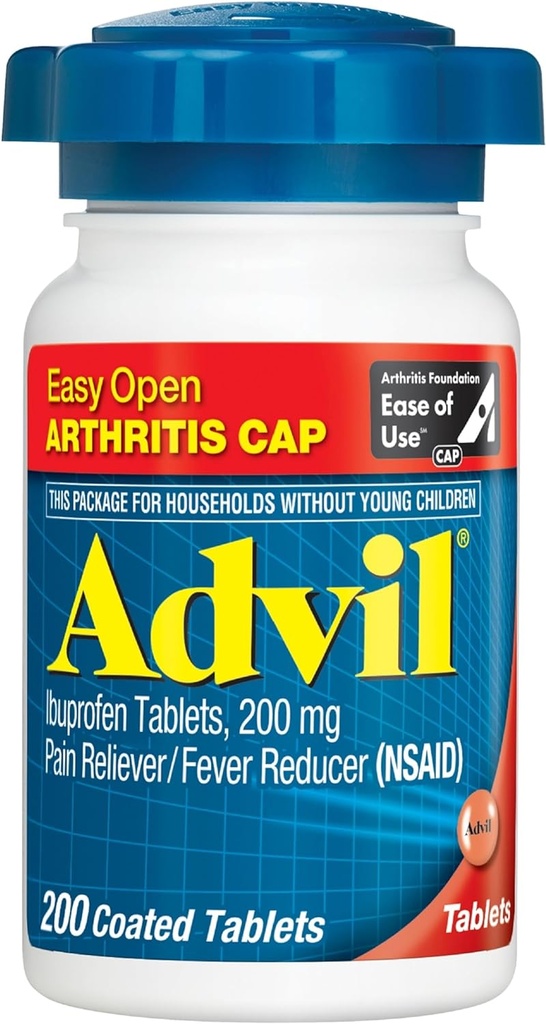 Advil (200 Count) Easy Open Arthritis Cap Pain Reliever / Fever Reducer Coated Tablet, 200mg Ibuprofen, Sementara Relief Pain