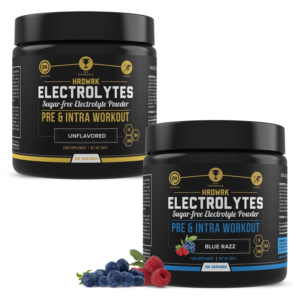 MMA Nutrition HRDWRK 100 Servings Keto Electrolytes Powder Sugar Free - Electrolite powder to Boost Endurance & Reduce Fatigue with Electrolytes Suplemen - Unflashted & Blue Raspberry Set