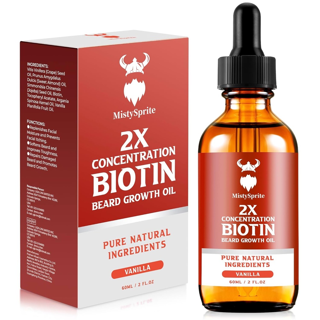 Beard Growth Oil - 2X Concentration Biotin for Men (2 oz) - Natural With Argan, Jojba and Vitamin, Growth Softener, Moisturizer (Vanilla)