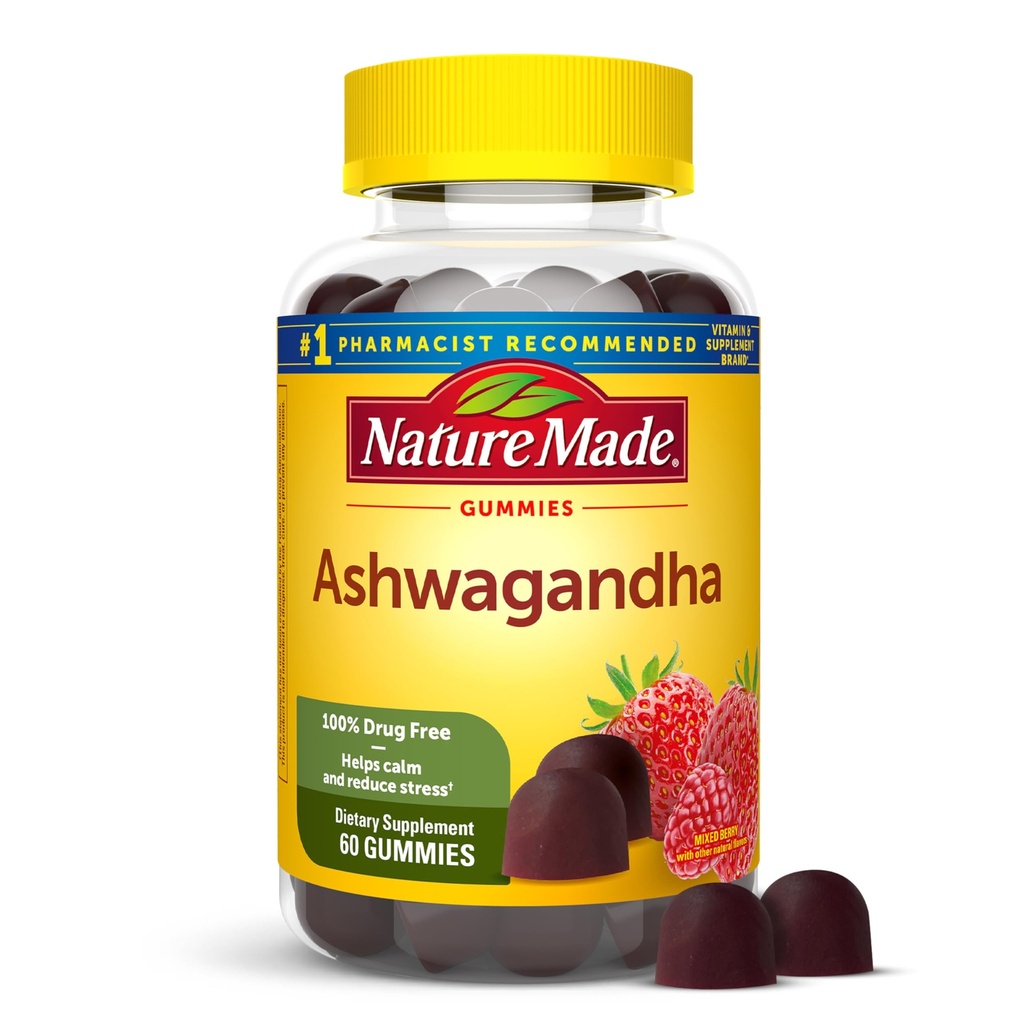 Nature Made Ashwagandha Gummies, Vegan, KSM 66 Ashwagandha untuk Dukungan Stress, 60 Count, 30 Hari Supply
