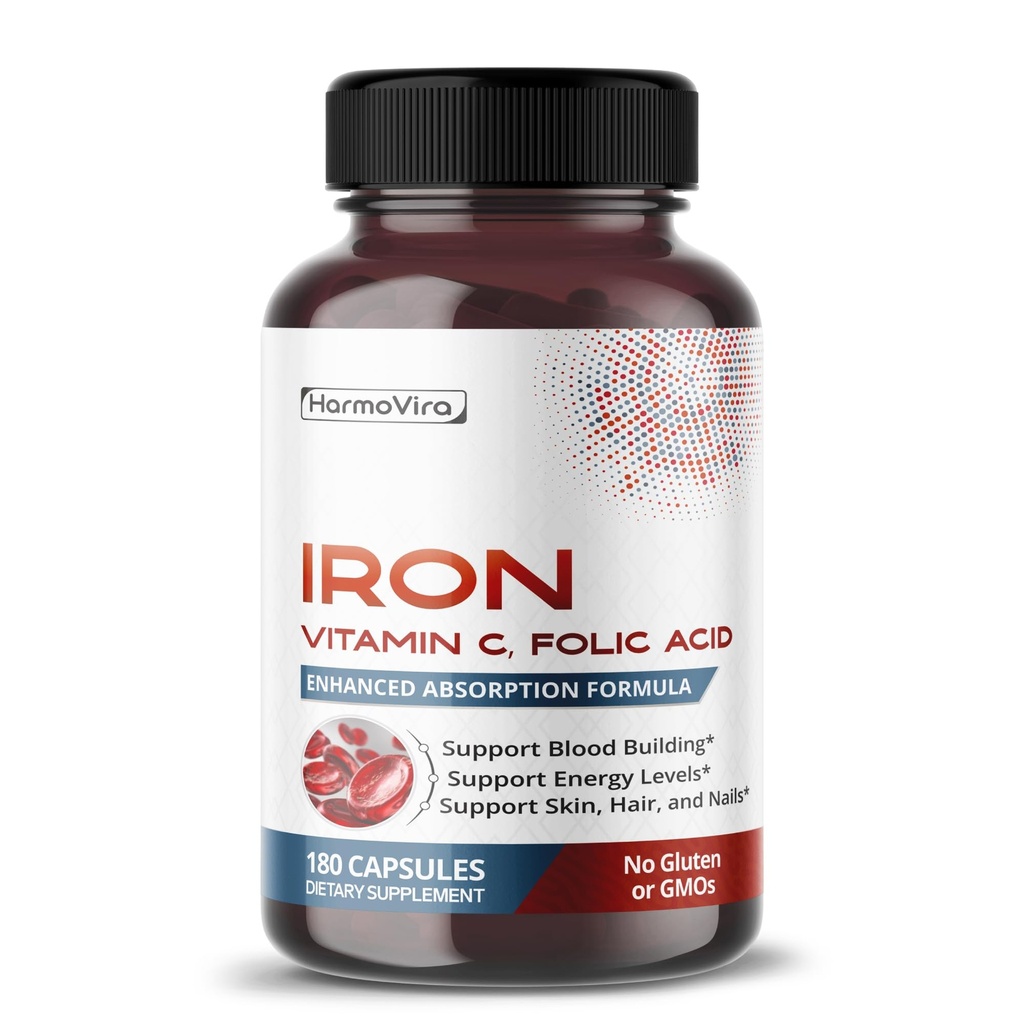 Lipomal Iron dengan Vitamin C, Folic Acid, B12, B1 - Dukung Formasi Sel Darah Merah & Merah - Formula Lembut - 180 Capsules - Non-GMO, Gluten- Free - Dibuat di Amerika Serikat