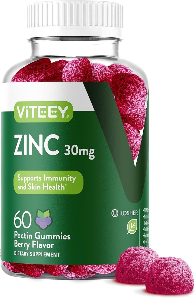 Viteey Zinc Gummies for Women and Men - Imune Supplemen Dukungan - 30mg - Vegan, Gelatin Free, Non GMO - 60 Count