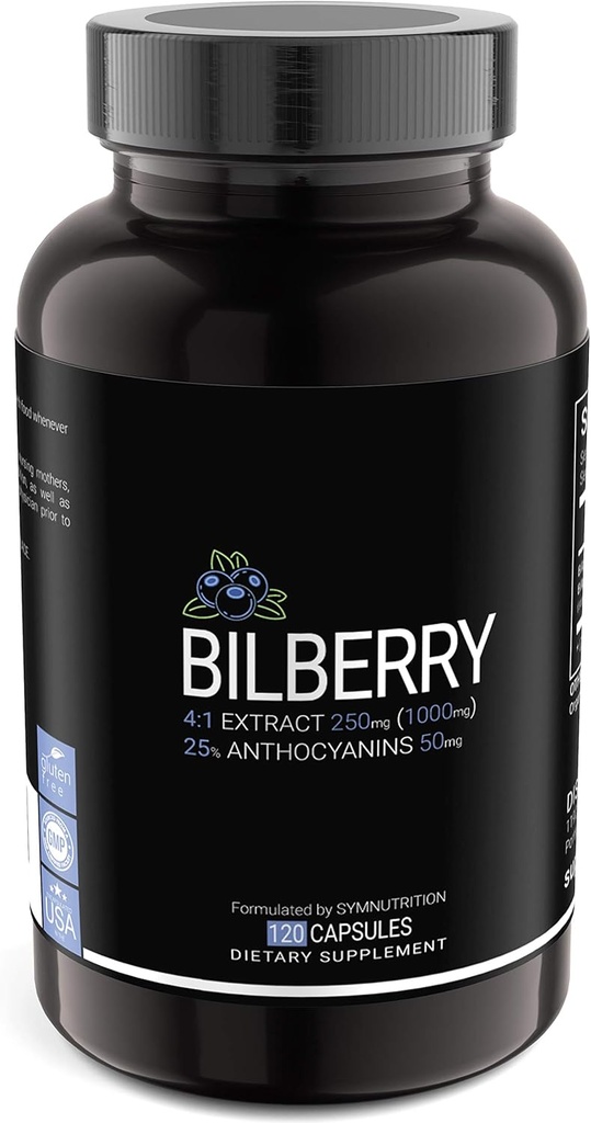 SYMNTRISI Bilberry Extract 1000mg, 25% Anthocyanins 50mg - 120 Count (V-Capsules) / 120 Servis; Europe Blueberry: Diproduksi dalam cGMP-Terdaftar Fasilitas di Amerika Serikat; Vegan & Gluten Bebas