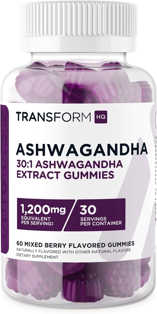 TransformHQ Ashwagandha Gummies 1.200 mg, 60 Gummies (Mixed Berry Flavor) - Ashwagandha Herbal Extract Supplemen - 30 Pelayan, Gluten Bebas, Non-GMO