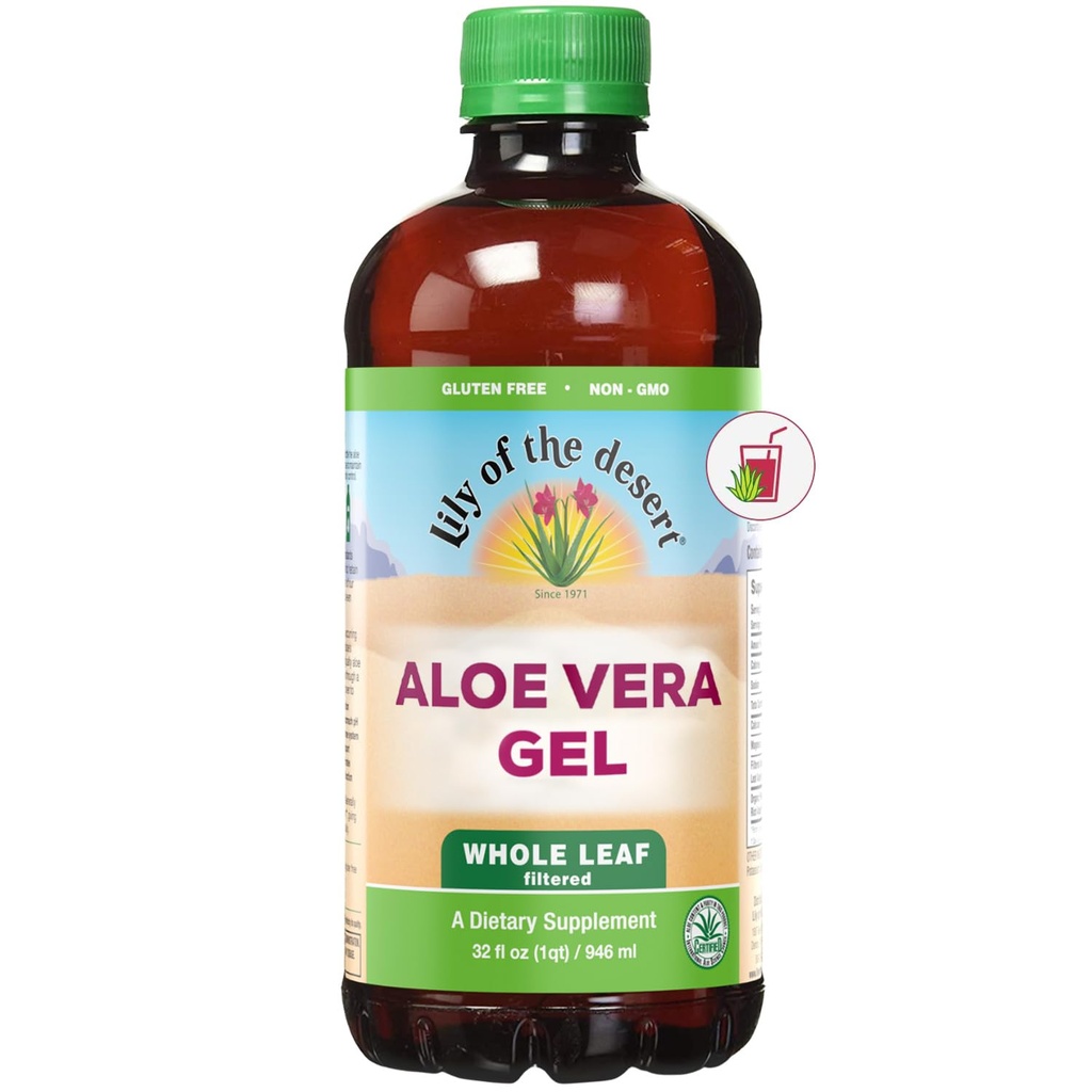 Lily of The Desert Aloe Vera Gel, Preservative Free - Whole Leaf Filted Thicker Consience Aloe Vera Drins with Natural Vitamin, Digetical Enzymes for Gut Health, Wellness, Glowing Skin, 32 Fl Oz