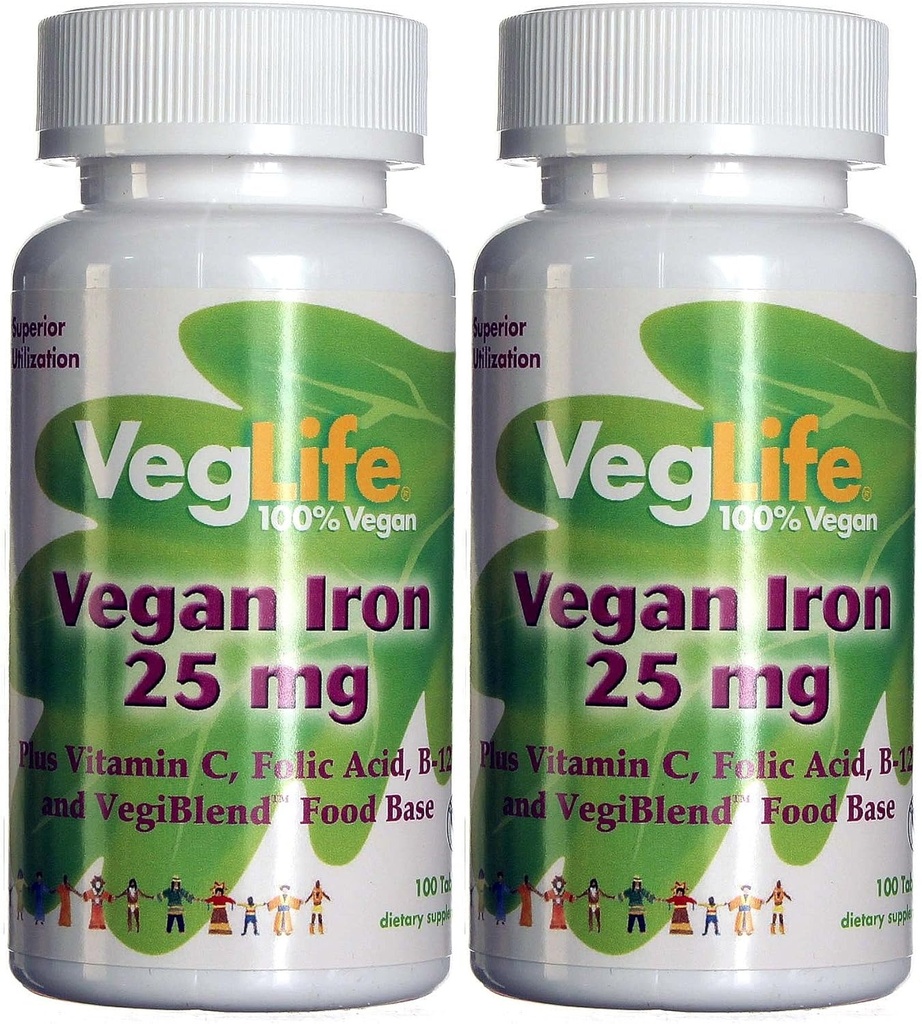 Vegan Life Vegan Iron 25 mg 124; Ditambah Vitamin C, Acid Folic, B12 dan VegiBlast Food Base 124; Tanaman Berdasarkan Suplemen Besi & Pria 124; 100 Tablets 124; Paket 2