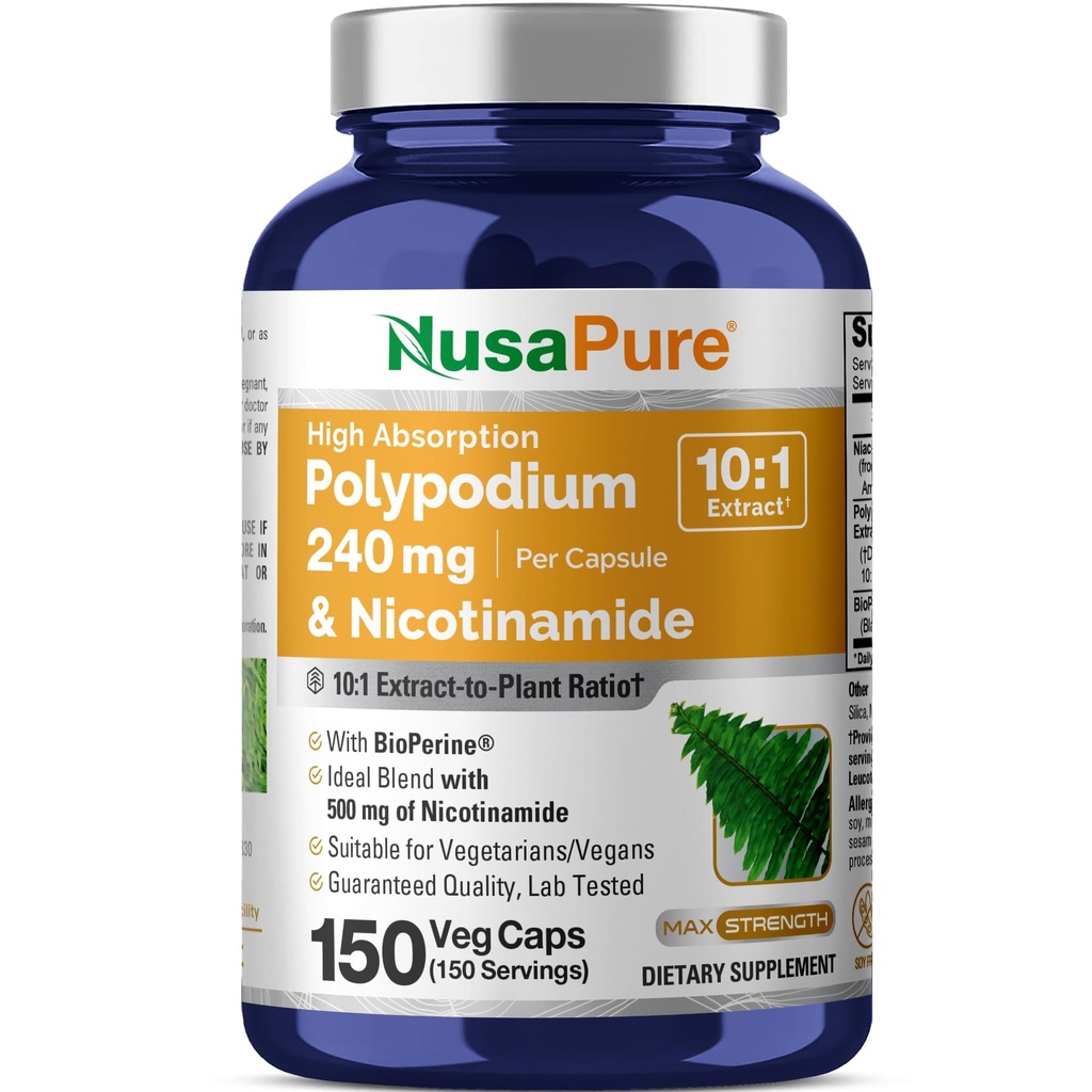 NusaPure Polypodium Nicotinamide 10: 1 Ekstrak, 240 mg Sama dengan 2.400 mg per Veg Caps - 150 Cacah (Non-GMO, Soyfree, Bioperin)