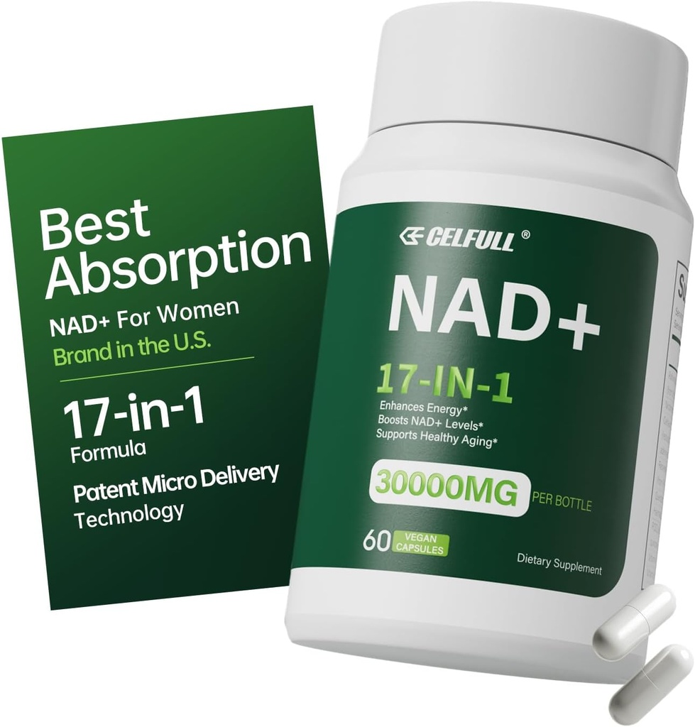 Suplemen CELFULL NAD untuk Perempuan NMN Alternatif Resveratrol, Nicotinamide Ribside, Quercetin- NAD + Memboses untuk Anti Aging Cellular Energy & Stamina- 30000mg / Bottle