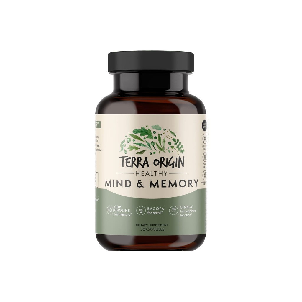 TERRA ORIGIN Heally Mind and Memory Support 126; Cognitive Memory Matrix 124; Nootropic CDP, Bacopa, L-Tyrosine, Huperzine A, Ginko, B12 124; Non GMO, Gluten Free, Dairy Free 124le, 30 Capsules
