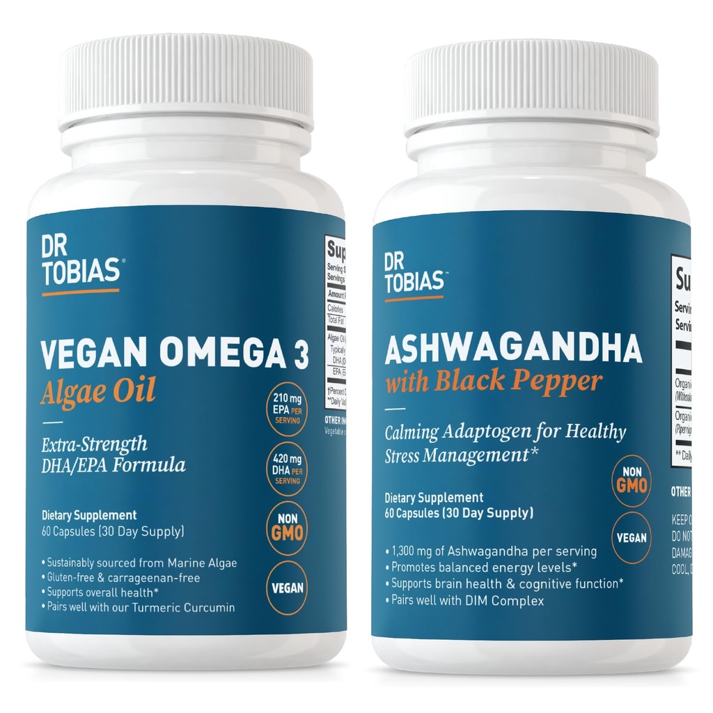 Dr. Tobias Vegan Omega 3 Algae Oil dan Ashwagandha Capsules, Supports Resilience, Immune Health, dan Overall Wellness, Non-GMO, Vegan