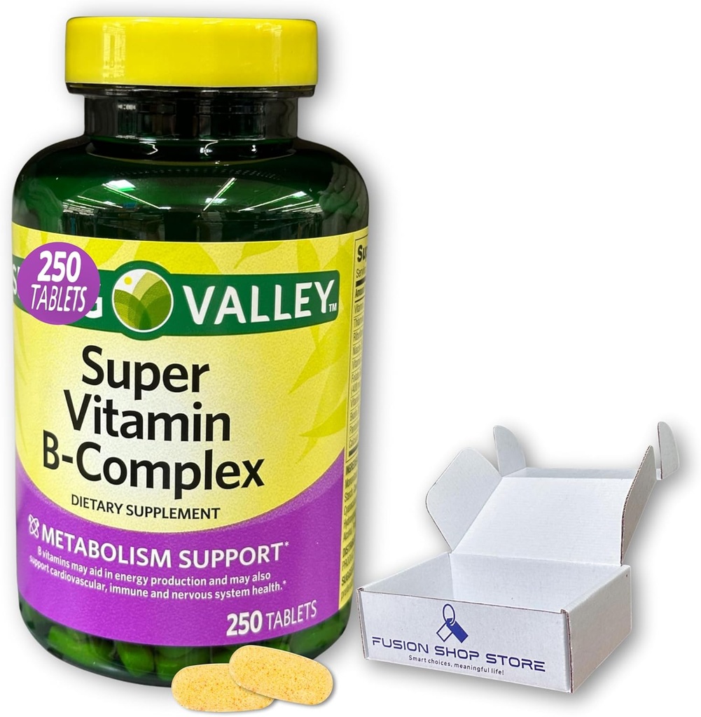 Super Vitamin B Kompleks Spring Valley-Tablet 250 Count B6 B12 C thiamine biotin folat pantothenic Acid dan riboflavin, Dibungkus oleh Toko Fusion
