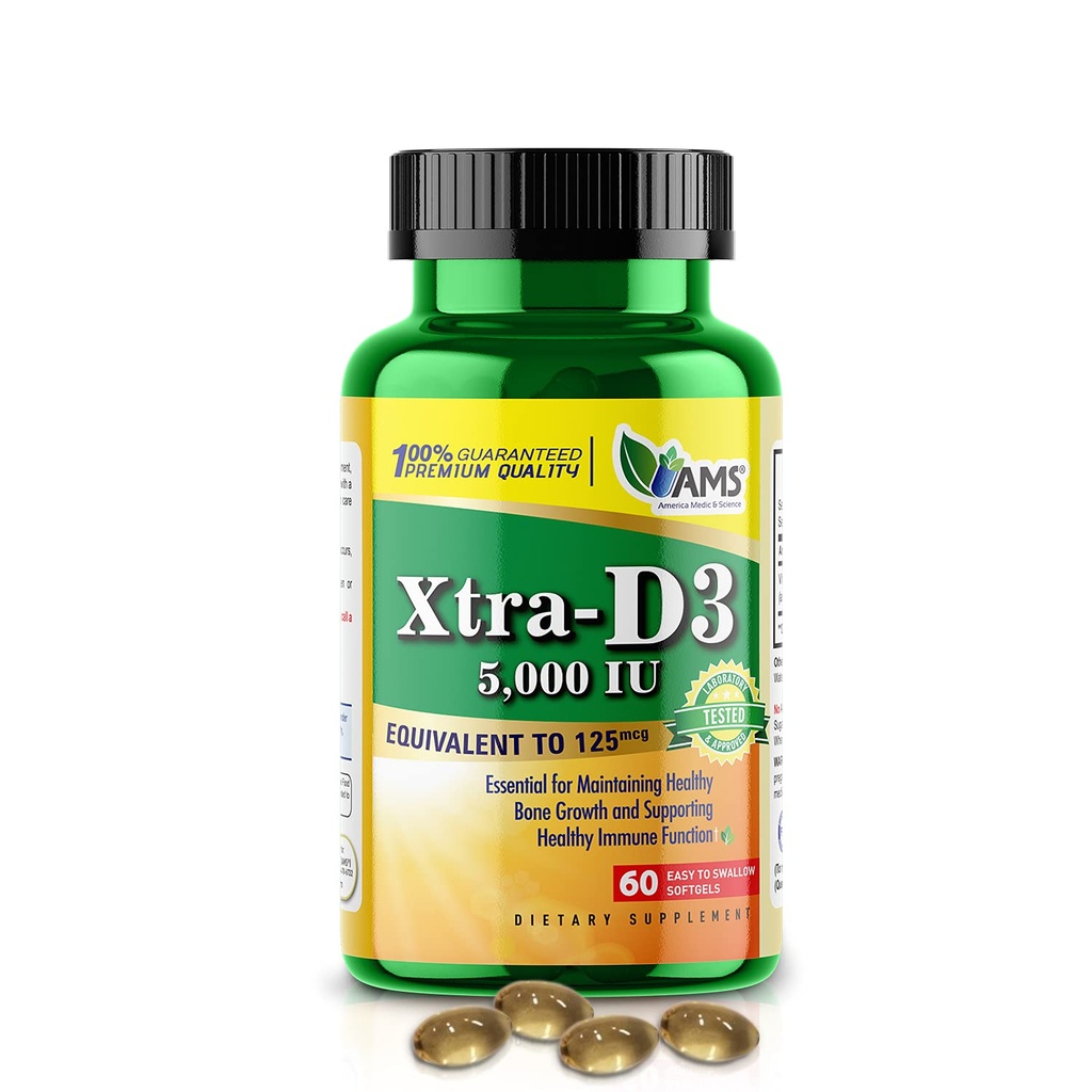 Amerika Medic & Science Xtra D3 Vitamin D 5.000 IU (125 mcg) Suplemen Cholecalferol untuk Pria & Women (60 Easy to Swallow Softgels) Terbaik untuk Bone, Heart Health, Immune System Support, Lung Fungsi
