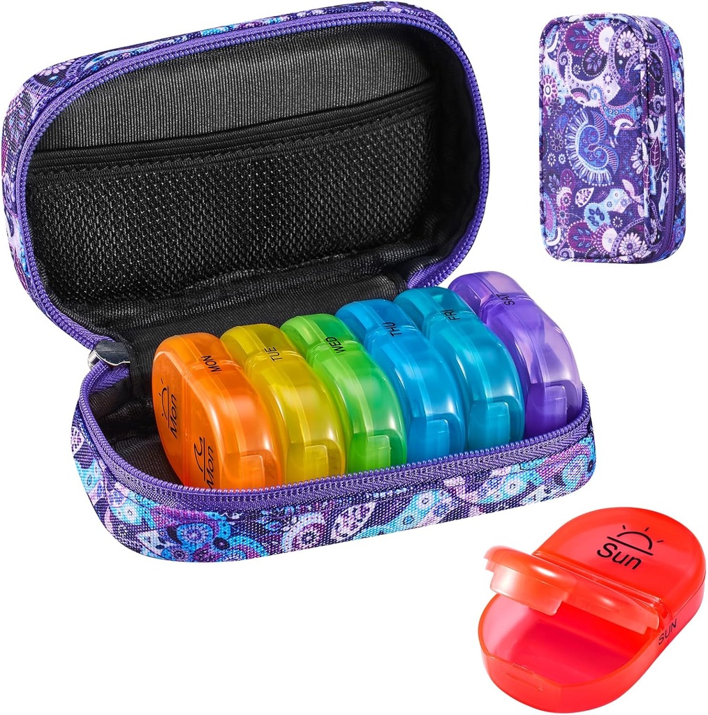 Serfeymi Weekly Travel Pill Organizer 2 Times A Day AM PM Upgraded Rainbow Pill Box 7 Day with Portable Ziper Case, Medicine Organizer for Pills, Vitamin, Fish Oils - Purple 01