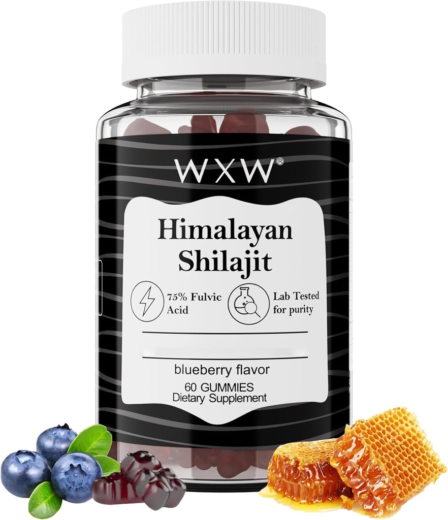 WXW Pure Himalaya Shilajit Gummies = 124; Fulvic Acid & 85 + Trace Minear 124; Ashwagandha, Gokshura = No Added Sugar 124; for Men, Women, Women 144; Non-GMO; Lab Testing 124; 100% Natural 124; Enhance Immunity 60 Gummy