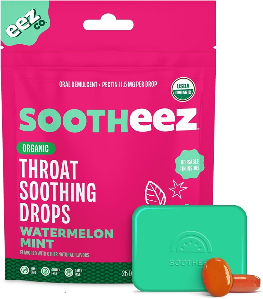 Sootheez Organic Throat Soothing Drops for Dewasa, Watermelon Mint, 25 Count, Refilable, Great Tasting Drops That Sán Sore Throats