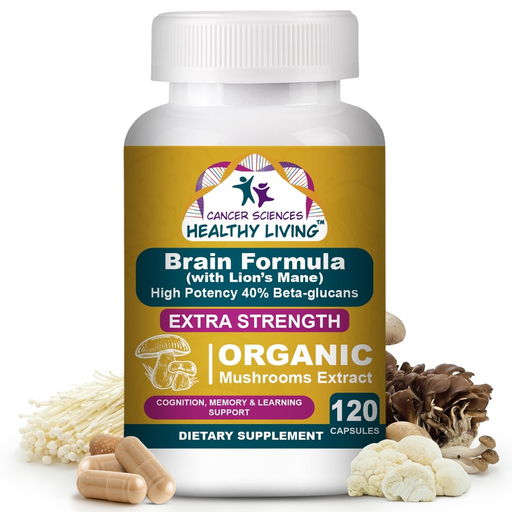 Suplemen Ilmu Otak Kanker bagi Memori dan Fokus - 1.500mg Suplemen Mushroom Kesehatan Otak untuk Orang Dewasa & Senir - Potensi Tinggi 40% Beta- GATAN untuk Dukungan Imune & Vitamin, 120 Katup