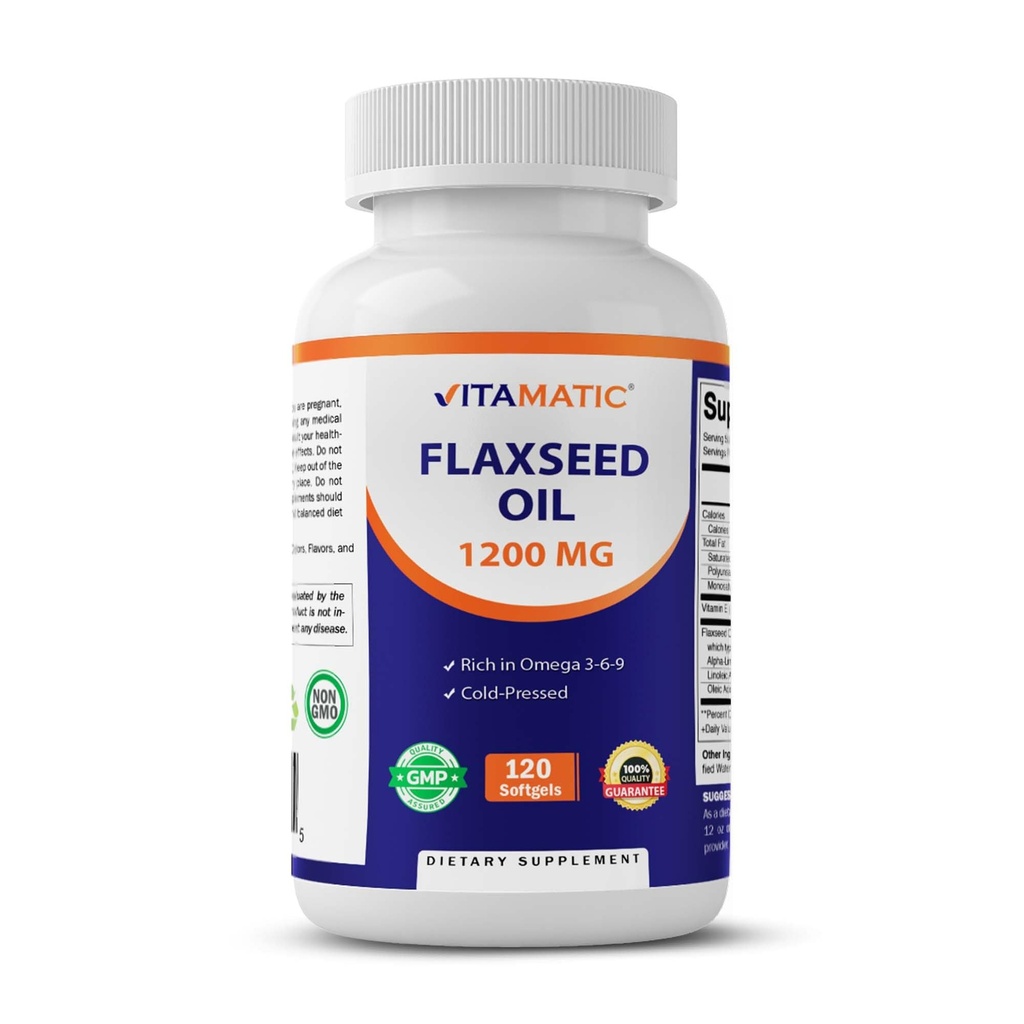 Vitamatic Flaxseed Oil 1200 mg - 120 Softgels Cold- Menekan Flaxseed Oil dengan 675 mg ALA Omega - 3 - Support Heart Health & Overall Wellness