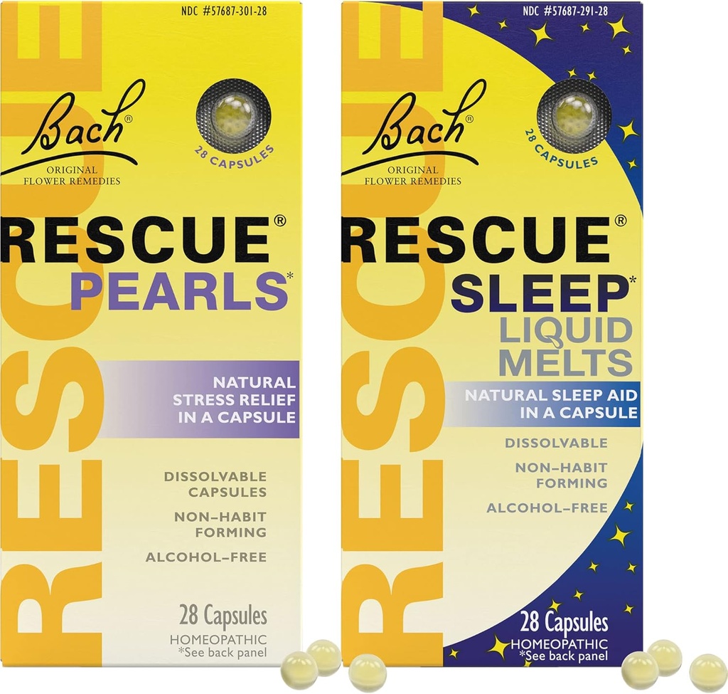 Stres & Sleep Bundle, Bach RESCUE Pearls, Natural Stress Relief [dan] RESCUE Sleap Liquid Melts, Natural Sleep Aid - 2- Pk, Homeoppathic Flower Essence