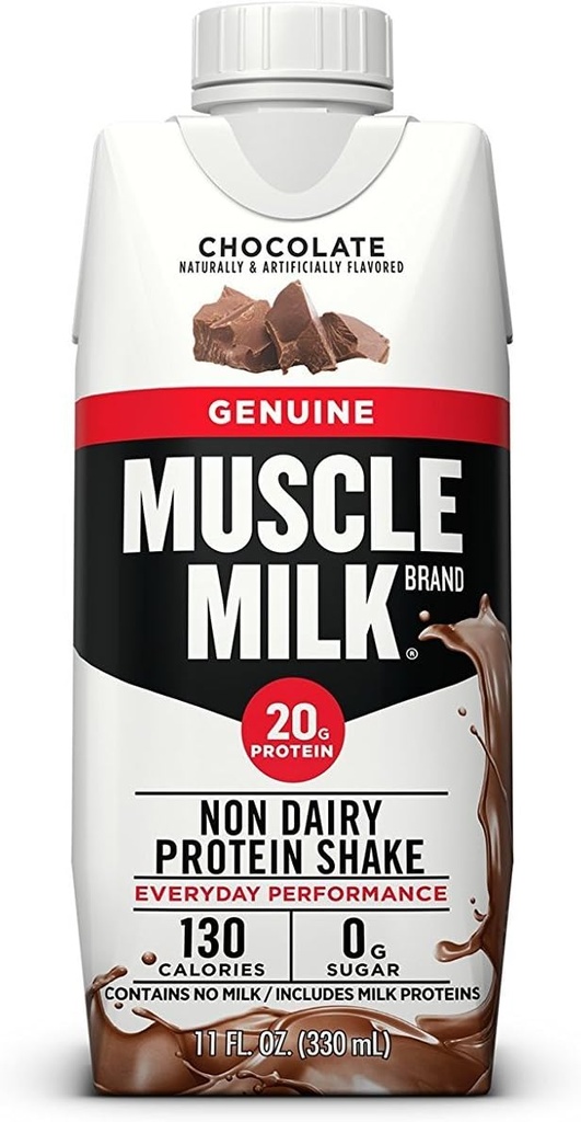 Muscle Milk Genuine Shake, Chocolate, 11 Fl Oz Carton, 12 Pack, 25g Protein, Zero Sugar, Kalsium, Vitamin A, C & D, 5g Fiber, Energizing Snack, Pemulihan Kerja, Paket Mei Vary