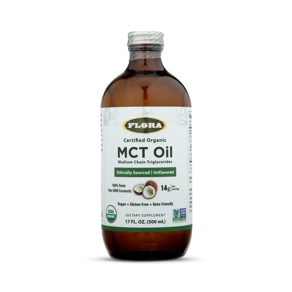 Flora Health MCT Oil Organic Energy Boost, C8 Caprylic & C10 Capric Acids, Keto, Kosher, Non-GMO Verifikasi, 100% dari Etical and Sumpable Sourded Coconuts, 17 Fl Oz Liquid, Glass Bottle