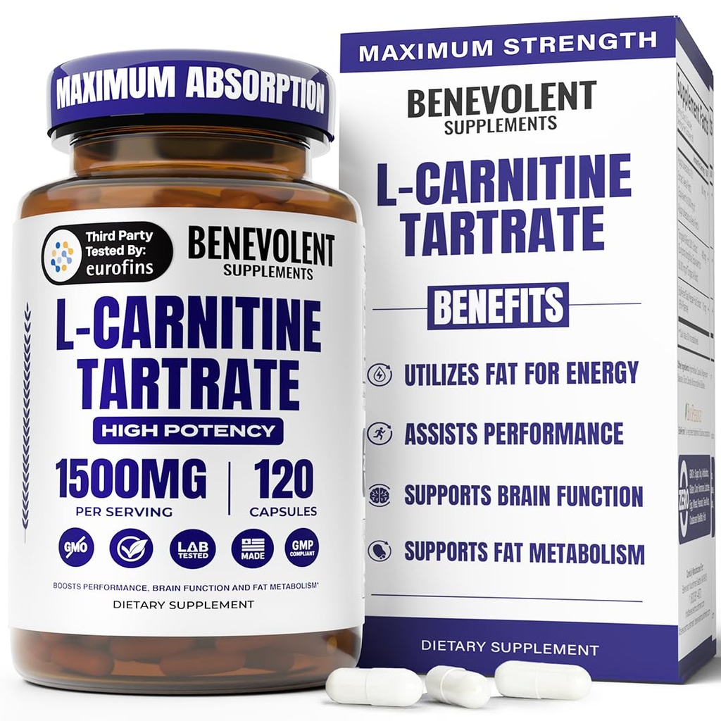 Benevolent L Carnitine Suplemen - Potency Tinggi 1500mg L- Carnitine Tartrat - Cepat Absorbing, Ubah Fat ke Energi, Dukung Otot Lean, Performance Kerja Boost & Metabolisme - 120 Vegan Capsules