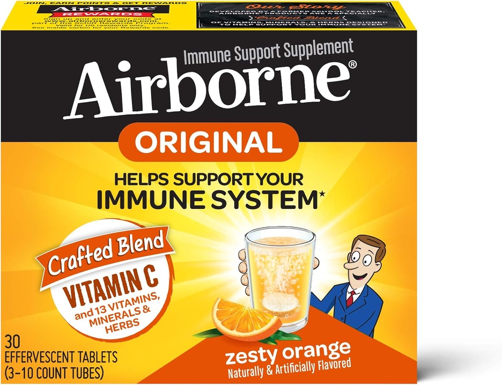 Airborne Zesty Orange Effervescent Tablet, 100mg Vitamin C - Imune Suplemen 30ea