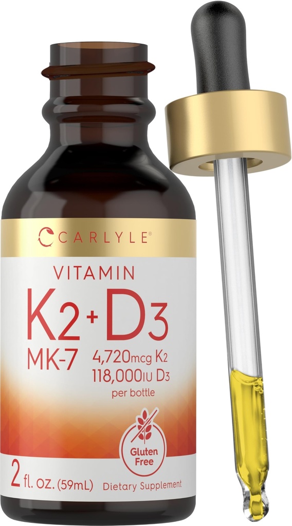 Carlyle Vitamin D3 K2 Drops 12.4; 2 Fl Oz 124; MK-7 Suplemen 12.4; Vegetarian, Non- GMO, Gluten dan Soy Free Formula