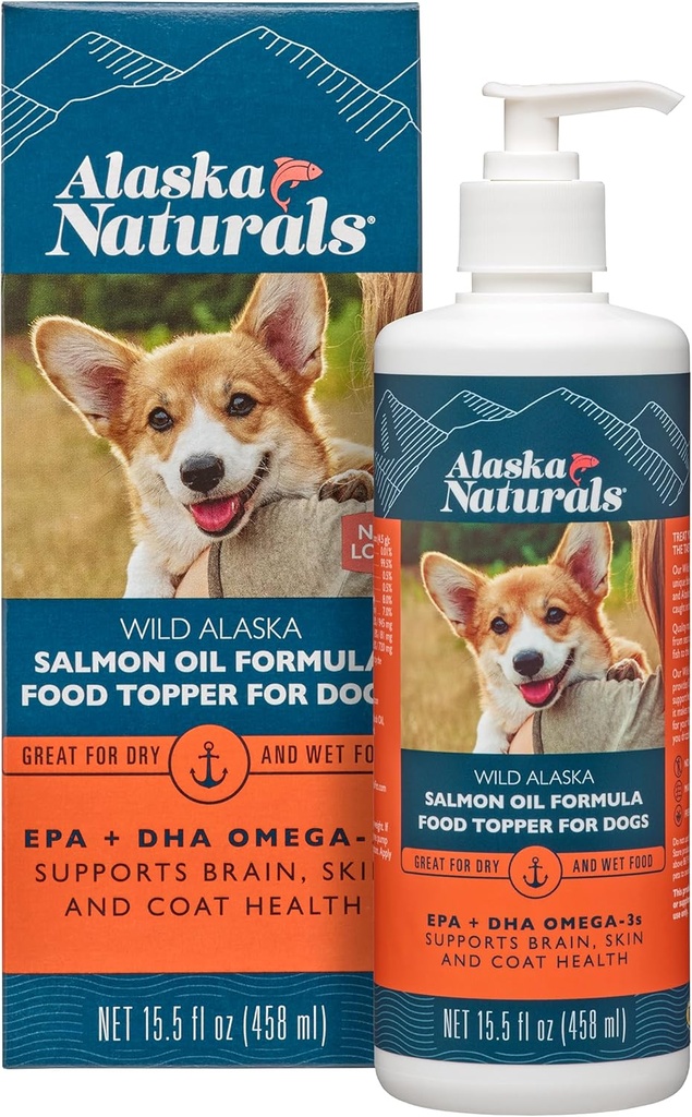 Alaska Ambassals - Wild Alaska Salmon Oil Formula Dog Food Topper - EPA dan DHA Omega-3 - Suplemen untuk Healthy Skin, Shiny Coat - Dibuat di USA - 15.5 oz. Pompa Botol