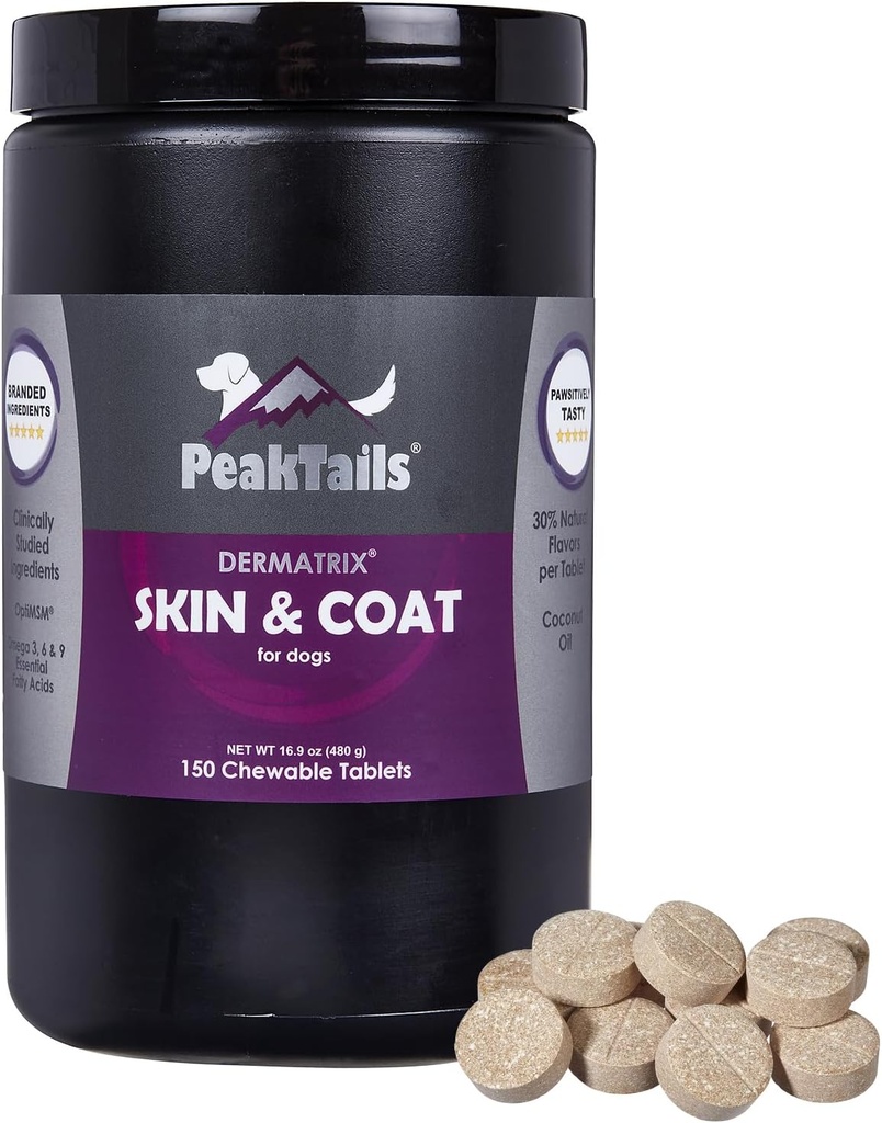 Kala Health PeakTails Skin & Coat Dukungan untuk Dogs - 150 Chewable Tablet dengan MSM, Fish Oil, Omega-3 & Omega -6 - Supports Heally Skin, Shiny Coat