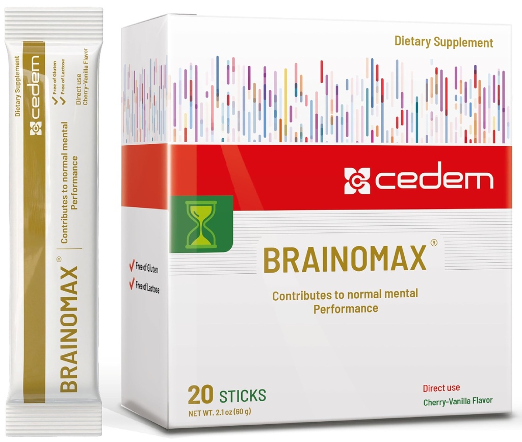 Swiss BRAOMAX 20 Powder Sticks, Brain Booster Suplemen, Cherry- Vanilla Flavor dengan Knicoline, N-Acetyl- L- Carnitine, Nootropic Brain Suplemen untuk Memori dan Fokus, Dukungan Cognitive