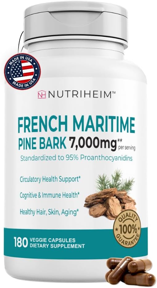 Perancis Maritim Pine Bark Extract 7000mg dengan 95% Proantocyandins untuk Circulation, Heart Health, Kulit, Dukungan Kognitive - 20: 1 Rasio & 180 Veggie Capsules - Non-GMO, Gluten- Free, Vegan-Friendly