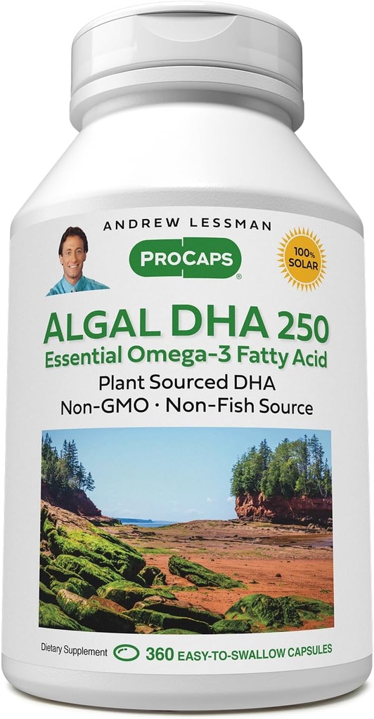 ANDREW LESSMAN Algal DHA 250mg 360 Softgels - Plant-Based Omega-3 Oils, Natural Marine Algae, High DHA, Non-GMO, High Potency, No Stomach Upset, No Fishy Aftertaste. Mudah ditelan