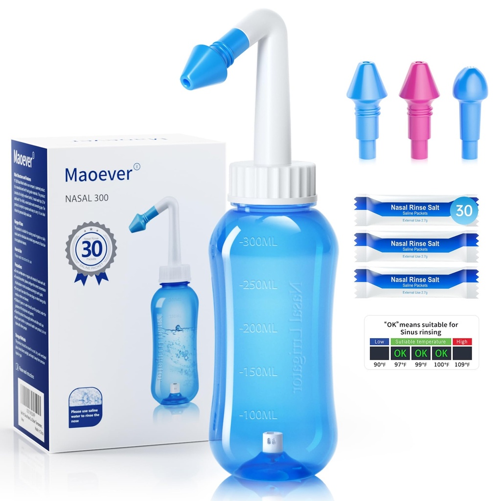MaOEver Neti Pot Sinus Rinse Bottle Nose Wash Pressure Rinse Nasal Irrigation for Adult & Kid BPA Free 300 ML dengan 30 Paket Garam Nasal dan Sticker Thermometer (Biru)
