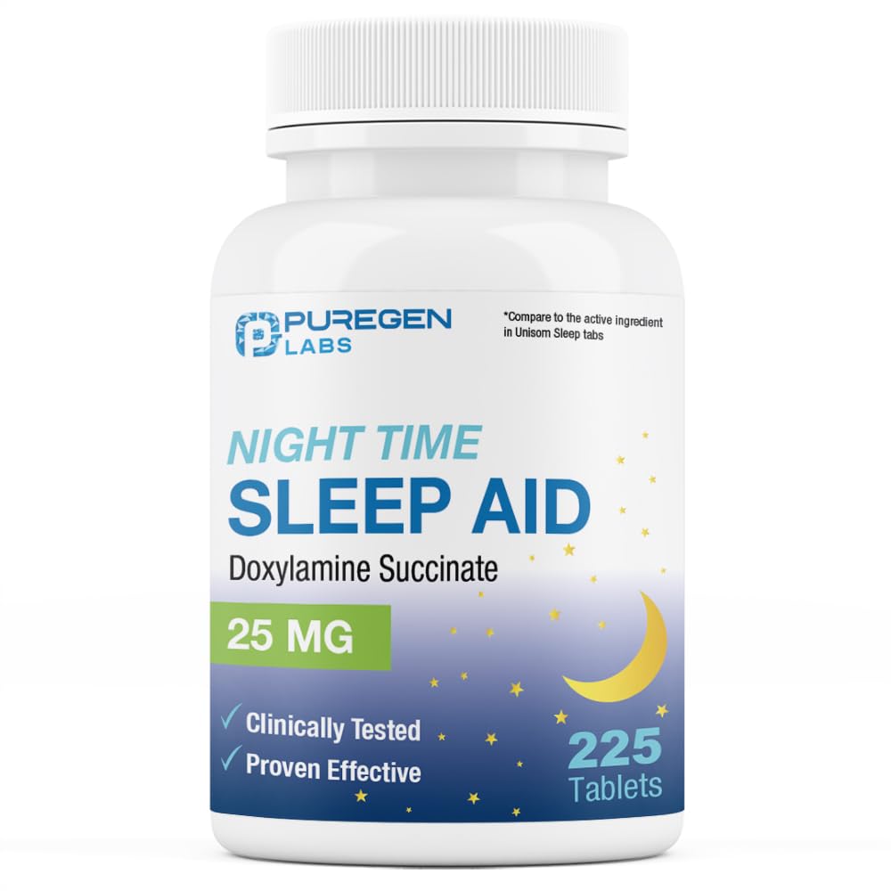 Puregen Labs Doxylamine Succinate 25mg 124; Nighttime Sleep Aid 124; Safe & Effective 144; Non-Habit Forming Sleep Aid 124; Made in USA 24; 225 Tablets