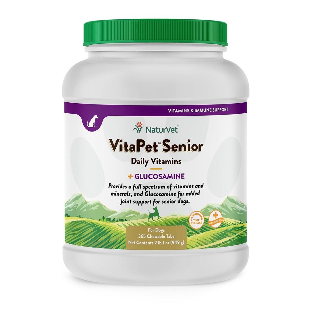 VitaPet-Senior Daily Vitamin untuk Senior Dogs - ditambah Glucosamin - Spectrum Penuh Vitamin & Mineral dengan Glucotamine untuk Dukungan Gabungan - 365 Time Rilis Tablet