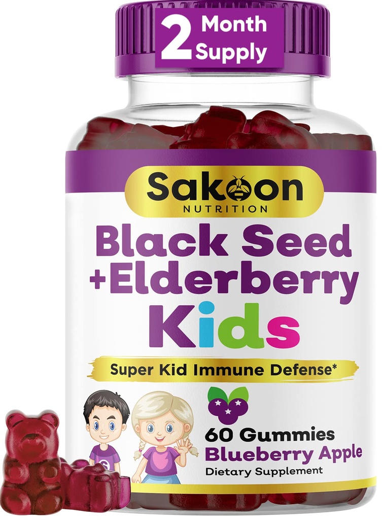 Sakoon gizi Elderberry & Black Seed Oil Gummies for Kids, Imune Support, with Vitamin C and Zinc, Delicious Berry Flavor, 60 Gummies