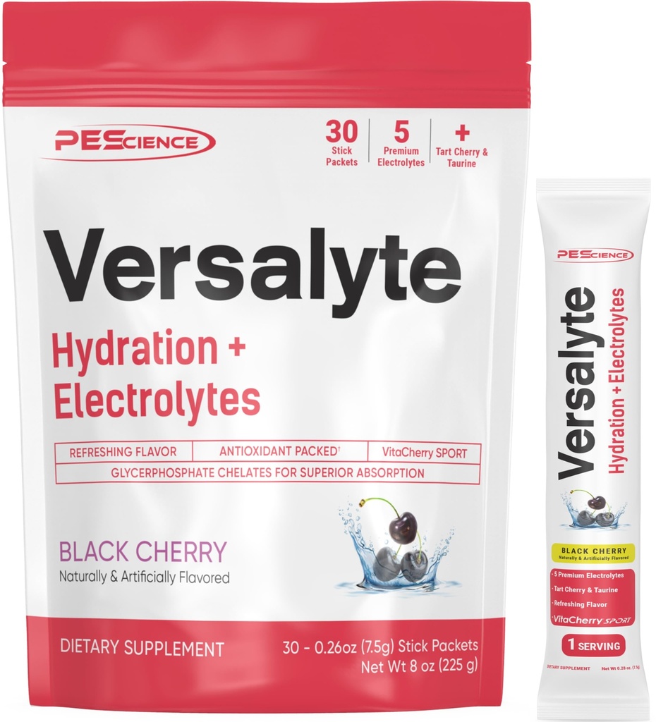 Pescience Versalyte Electrolite Hydration Packet, Sugar Free Electrolite Powder dengan Magnesium, Taurine, Antioksidants, Trace Minecure - Black Cherry, 30 Servings
