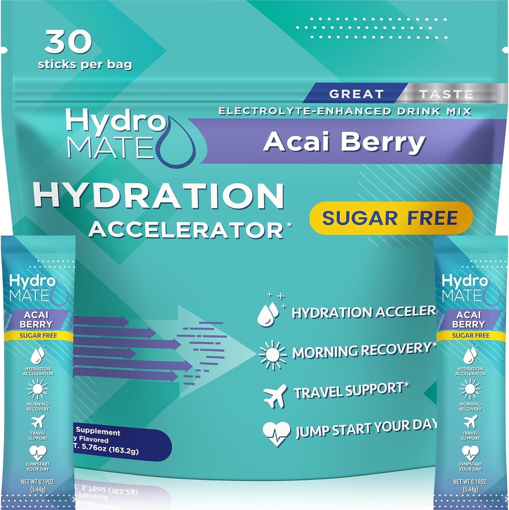 Electrolite Powder Sugar- Free Hydration Packet Acai Berry HydroMATE 30 Sticks