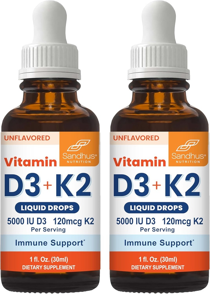 Sandhu 's Vitamin D3 K2 Drops for Dewasa 124; 5000 IU D3 Liquid, 120mcg K2 Suplemen 1 Fl Oz (Kembungkus 2)